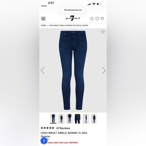 7 For‎ All Mankind High Waist Ankle Skinny Jeans NWOT